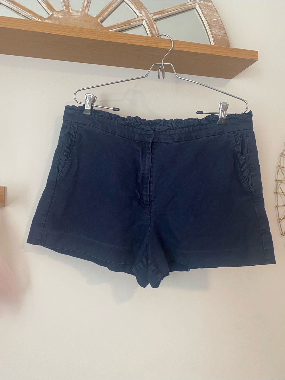 J. Crew Navy Ruffle Linen/Cotton Shorts